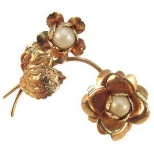 Vintage Gold Tone Floral Brooch with Faux Pearl Accents